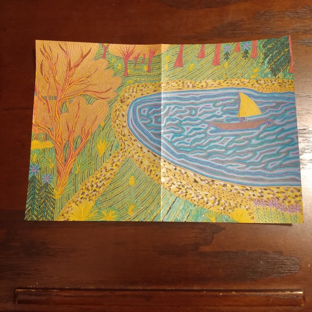 Handmade New One of a Kind Gell Pen Scenic Sailboat Nature Art Card 10x7 Inches